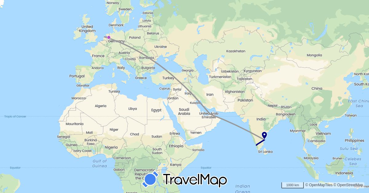 TravelMap itinerary: driving, plane, train in United Arab Emirates, India, Netherlands (Asia, Europe)
